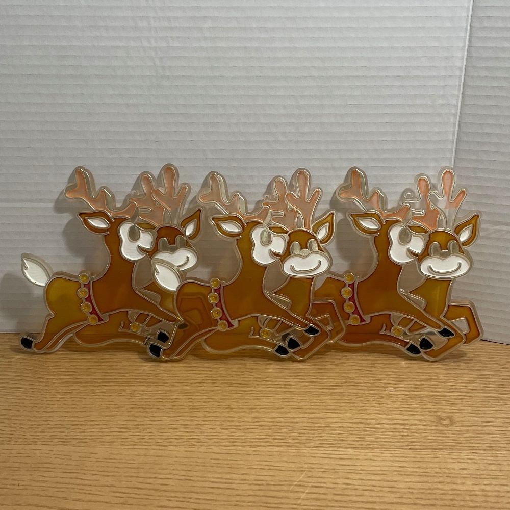 Vintage Acrylic 'Stained Glass' Christmas Reindeer Suncatcher Ornaments Set of 3